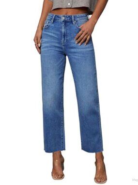 High Waisted Straight Leg Jeans Stretchy Raw Hem Cropped Denim